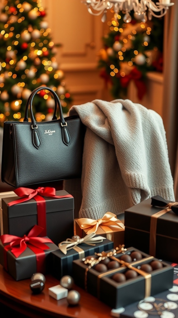 A luxurious arrangement of Christmas gifts including a designer handbag, cashmere sweater, and gourmet chocolates on a festive table.